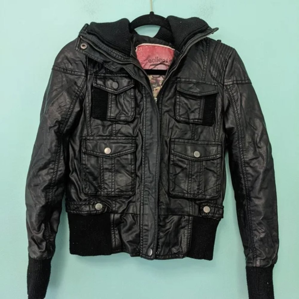 Collection B Black Faux Leather Bomber Jacket S